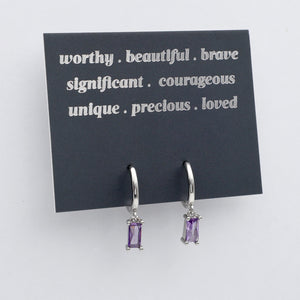 HUGGIES - Worthy . Beautiful . Brave - Silver Hoops with Purple CZ Baguette Charm (12625)