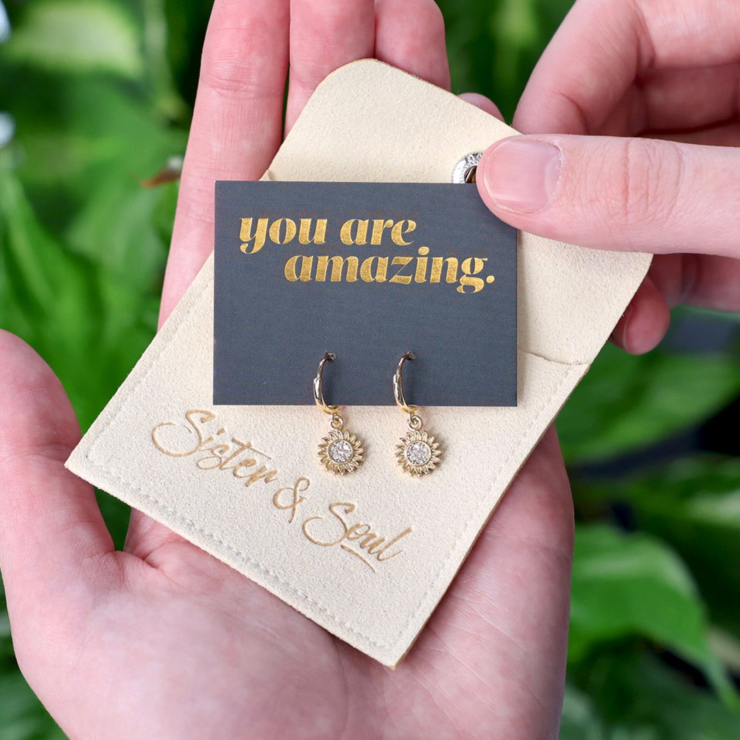 HUGGIES - You Are Amazing - Sterling Silver Gold Hoops with Sunflower Charm (11433)