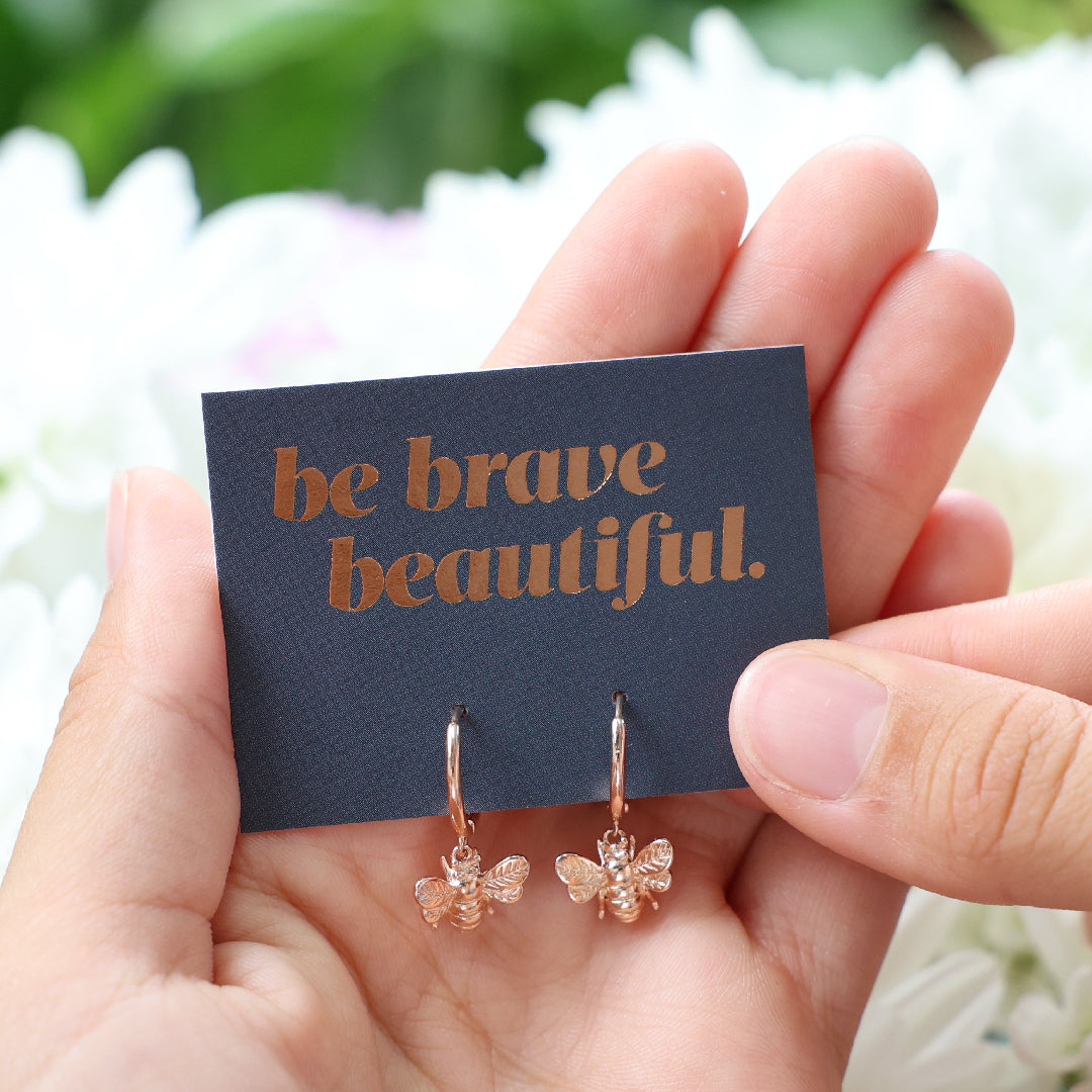 HUGGIES - Be Brave Beautiful - 18K Rose Gold Sterling Silver Hoops with Bee Charm (8101-F)