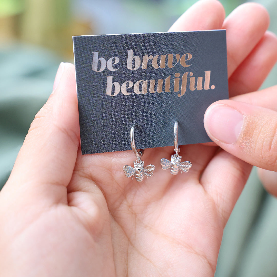 HUGGIES - Be Brave Beautiful - Sterling Silver Hoops with Bee Charm (8816-F)