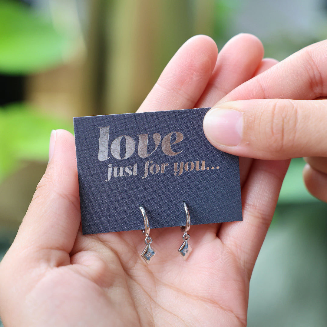 HUGGIES - Love Just For You - Sterling Silver Hoops with Diamond Shaped Charm (8611-R)