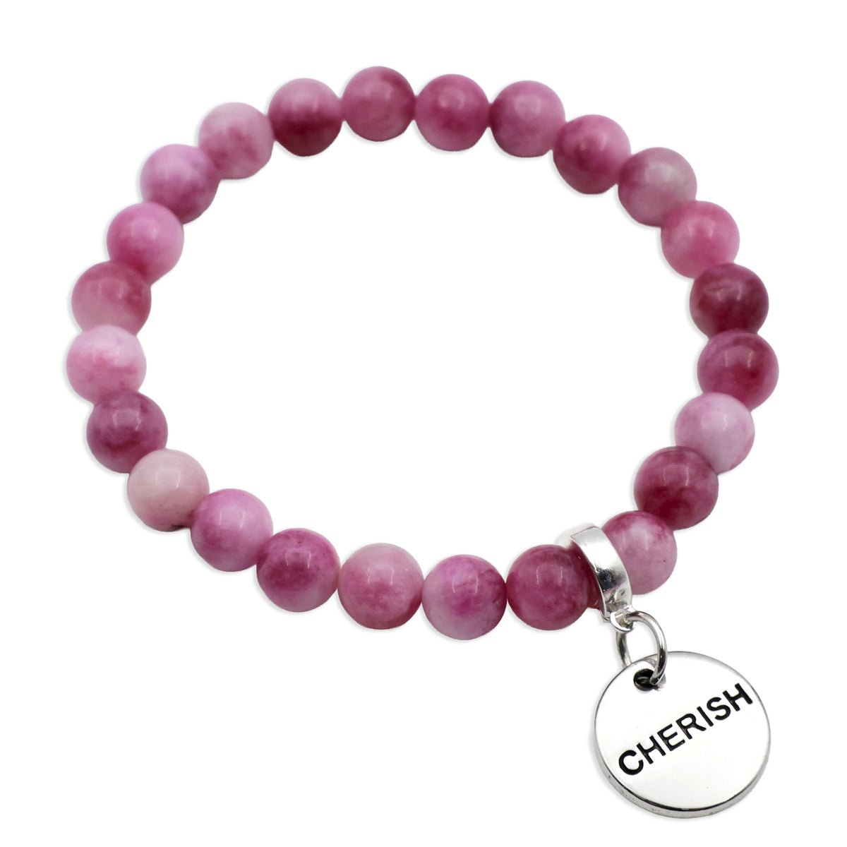 Pink beaded bracelet with a silver charm displaying the word 'CHERISH'.