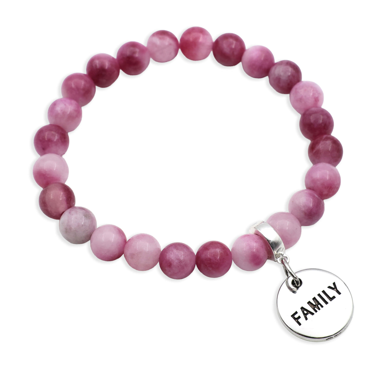 Pink beaded bracelet with a 'FAMILY' charm on a white background
