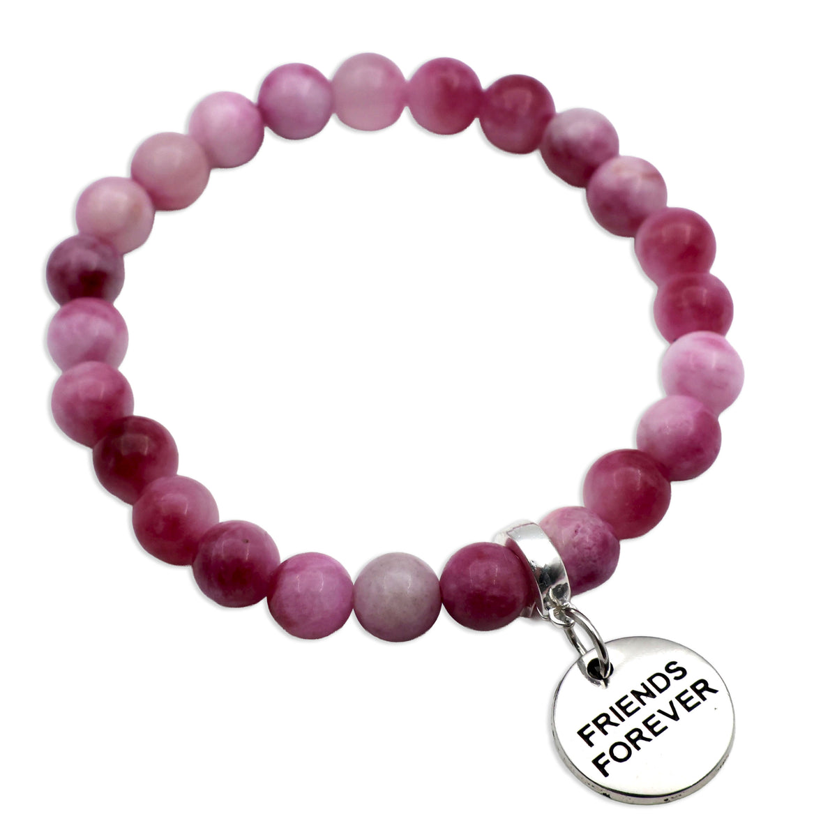 Pink beaded bracelet with 'Friends Forever' charm on a white background