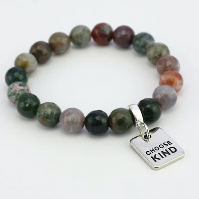 Stone Bracelet - Indian Agate Faceted Mixed 10mm Beads - with Silver Word Charm