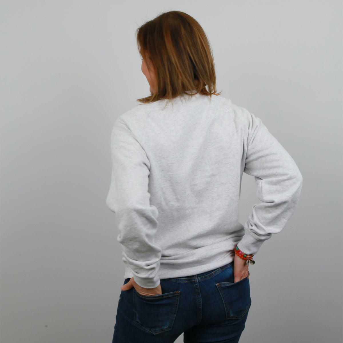 Joy Crew Neck Jumper - Light Grey Marle - Sunshine Orange Print