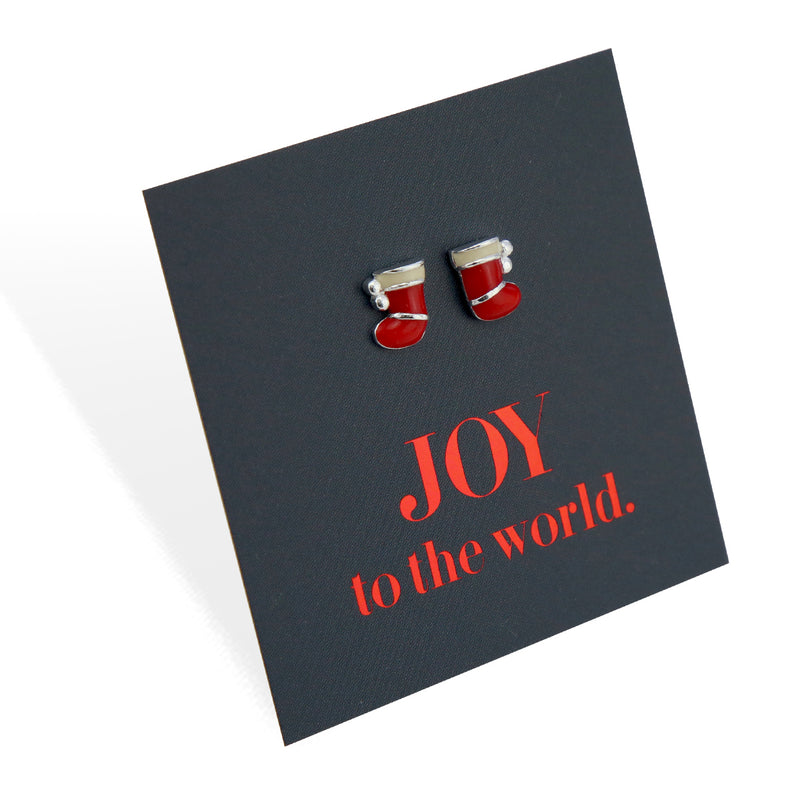 Red Stocking Filler - JOY TO THE WORLD - Sterling Silver & Enamel Studs (8712-F)