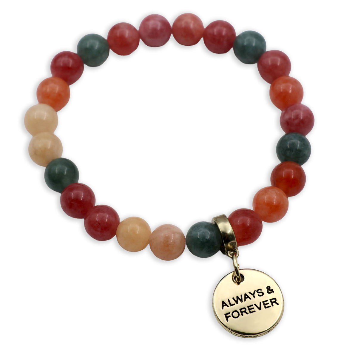 Multicolored beaded bracelet with a 'Always & Forever' charm on a white background