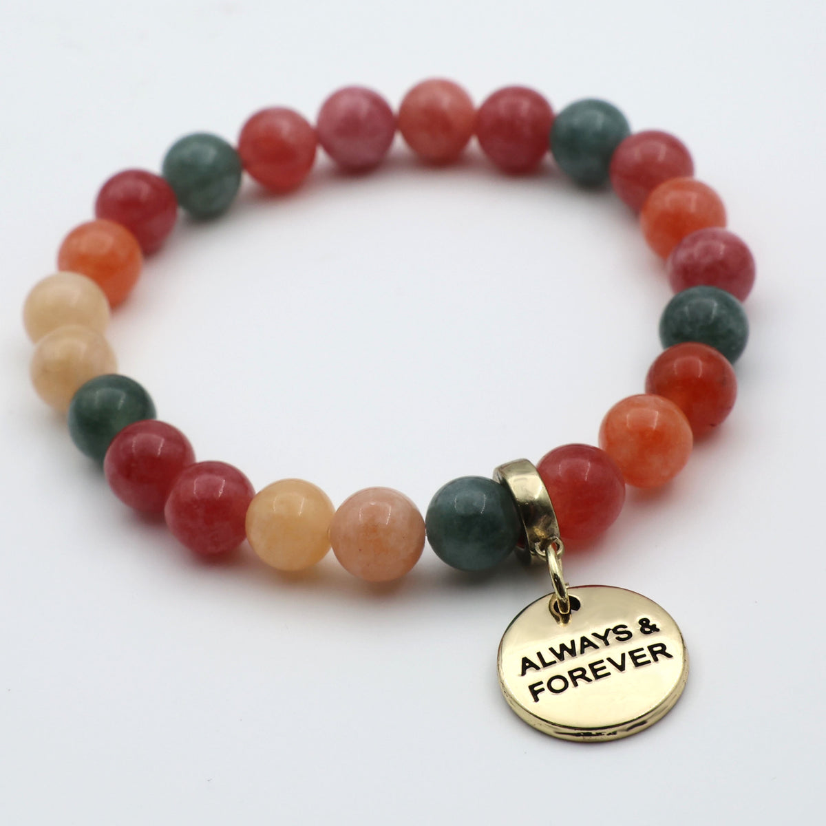 Multicolored beaded bracelet with a gold 'Always & Forever' charm on a white background