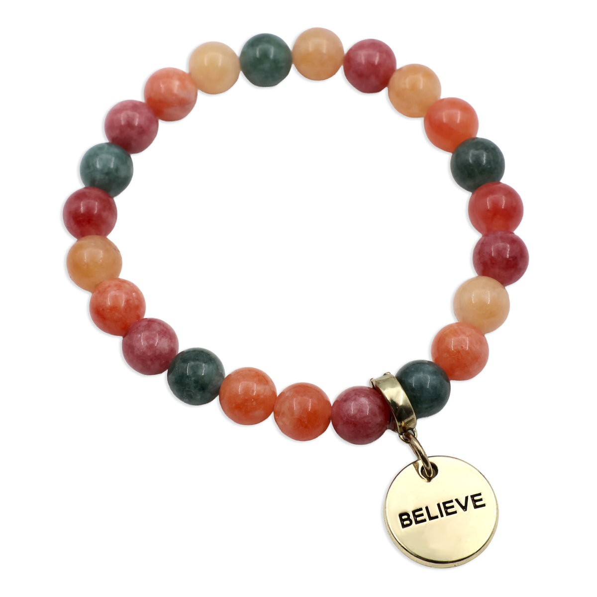Multicolored beaded bracelet with a gold 'BELIEVE' charm on a white background