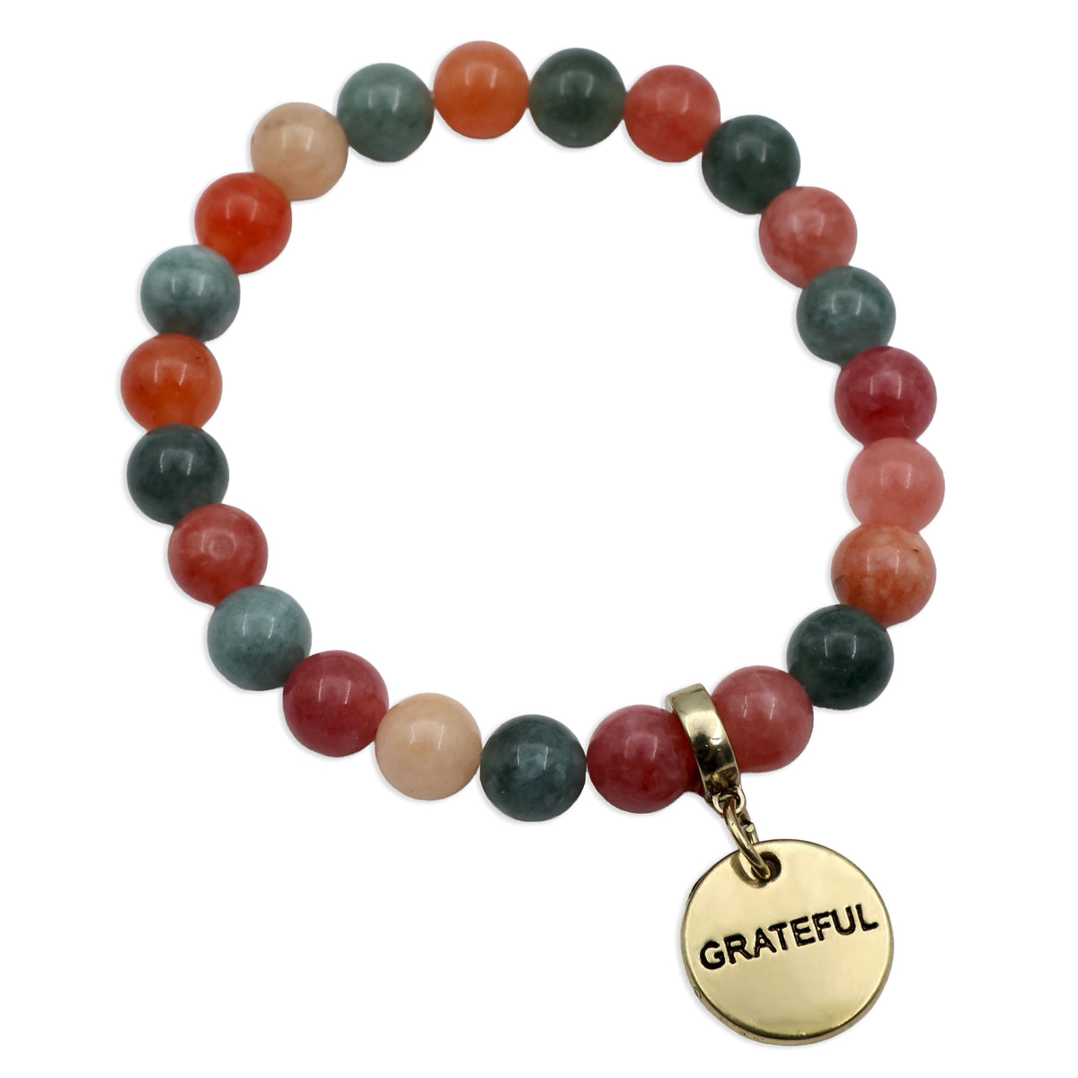 Multicolored beaded bracelet with a gold 'GRATEFUL' charm on a white background