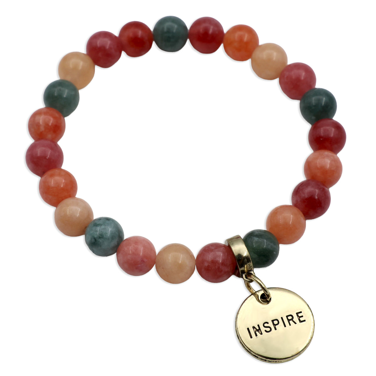 Multicolored beaded bracelet with a gold 'INSPIRE' charm on a white background