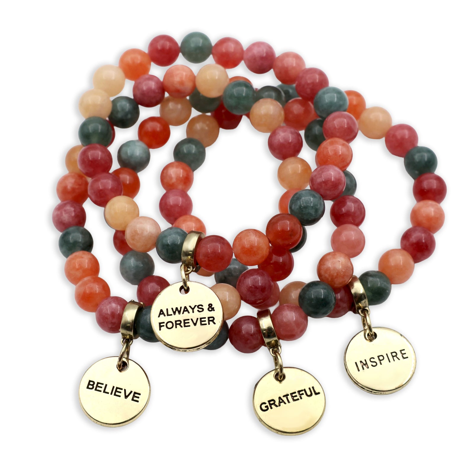 Stack of multicolored beaded bracelets with gold charm tags on a white background