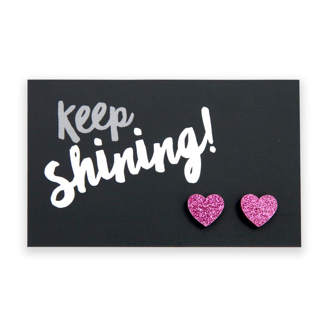 SPARKLE ACRYLIC HEART STUDS - Keep Shining - Pink Glitter (9913)