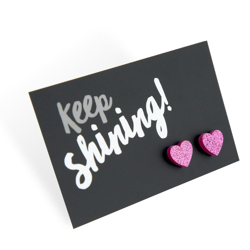 SPARKLE ACRYLIC HEART STUDS - Keep Shining - Pink Glitter (9913)