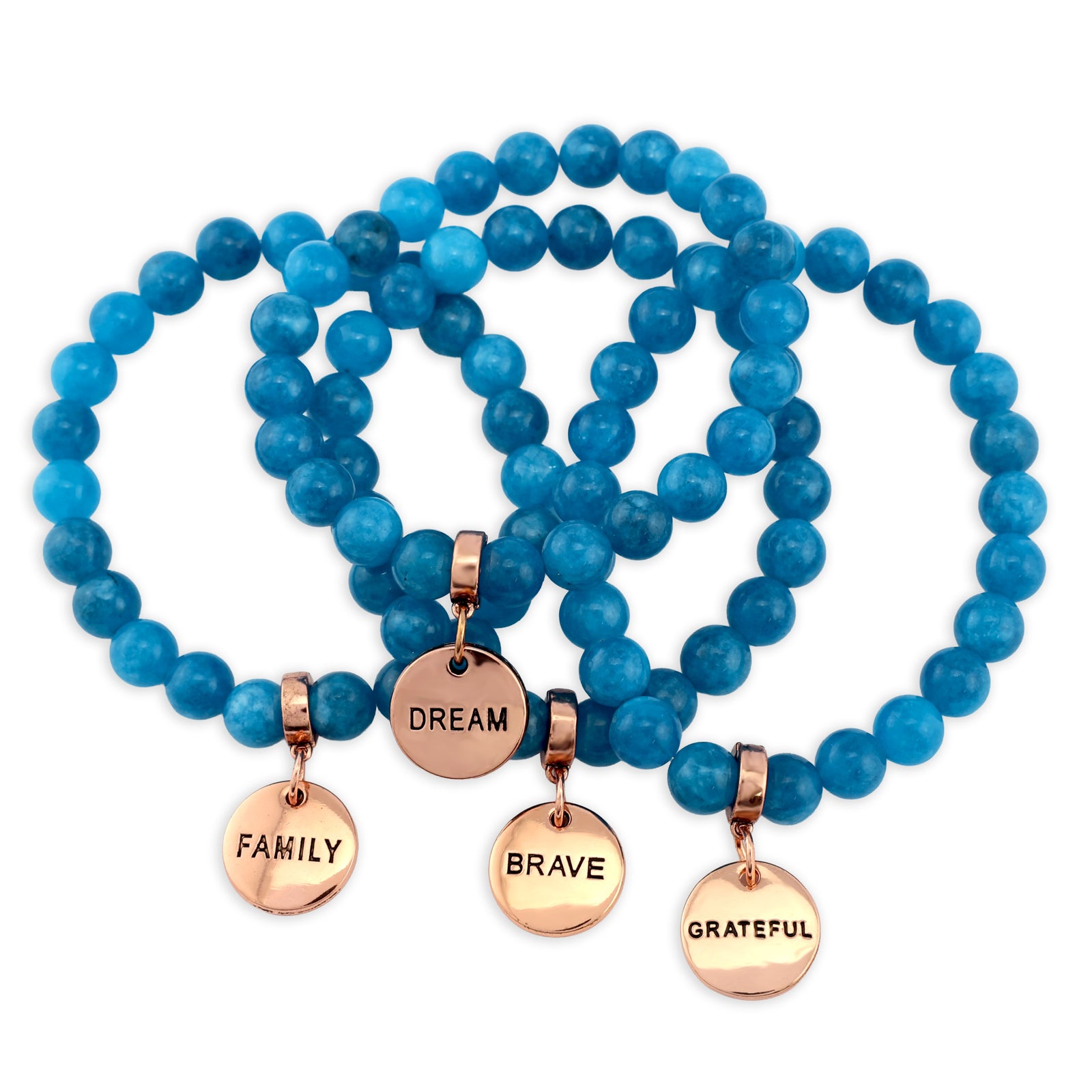 Blue beaded bracelets with rose gold charms on a white background