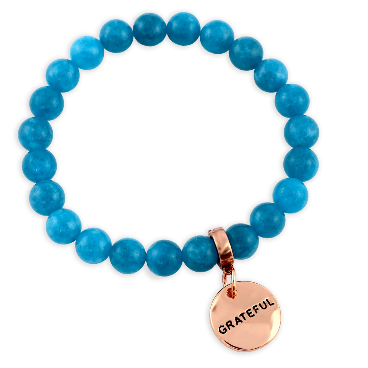Blue beaded bracelet with a rose gold 'grateful' charm on a white background