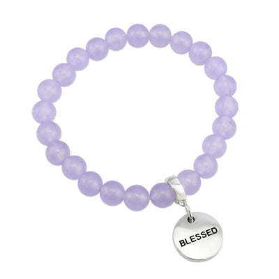 Stone Bracelet - Lilac Agate 8mm Beads - with Silver Word Charm