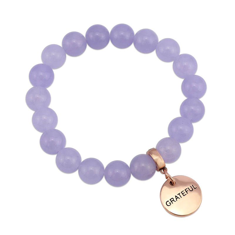 Stone Bracelet - Lilac Agate 10mm Beads - with Rose Gold Word Charm