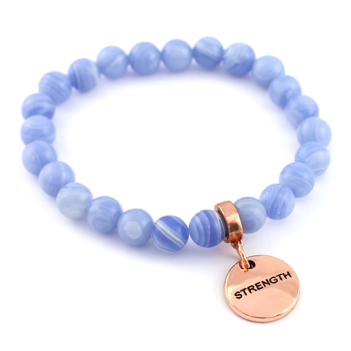 Blue beaded bracelet with a rose gold 'STRENGTH' charm on a white background