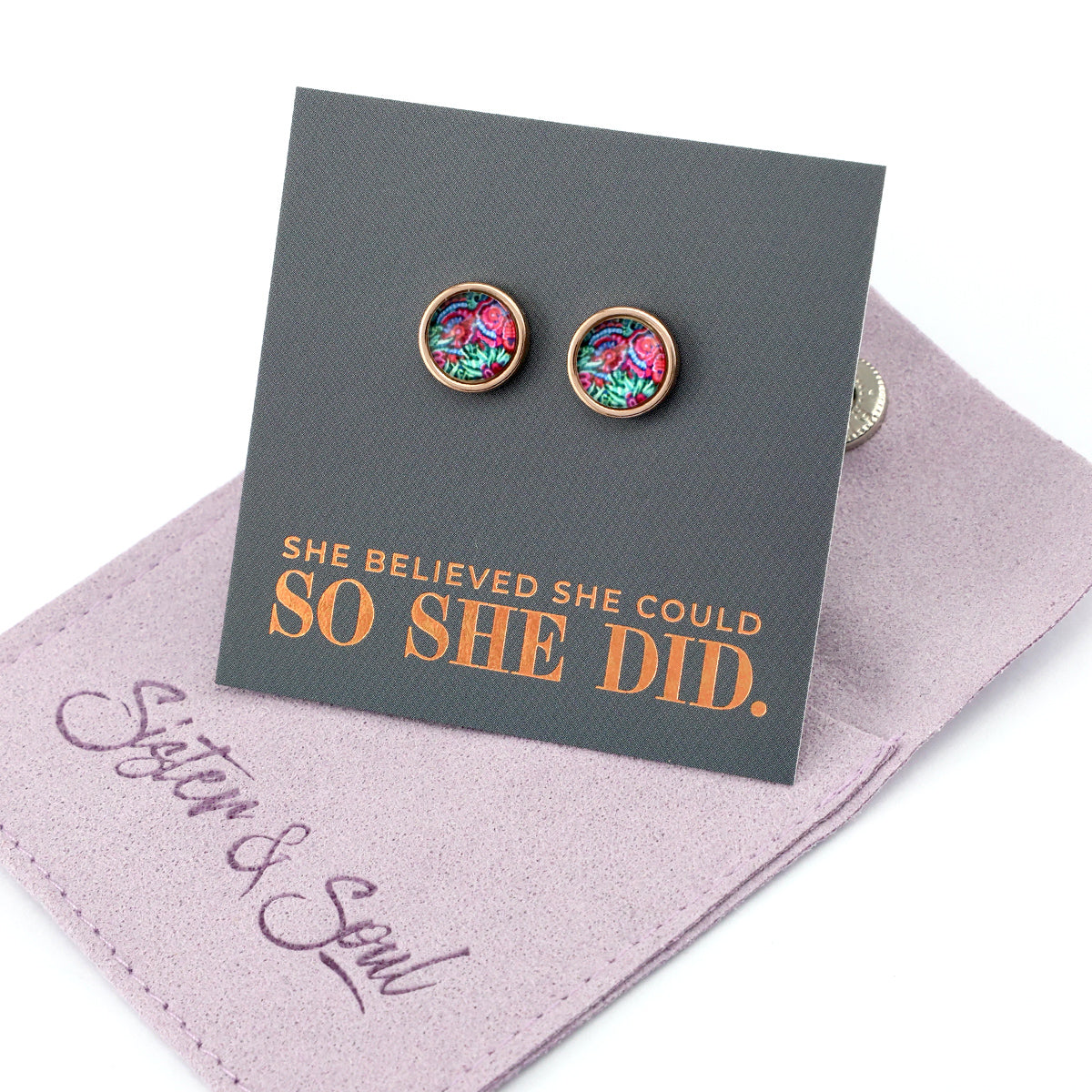 FLORAL WONDERS - She Believed She Could - 8mm Stainless Steel Circle Studs Rose Gold - LILLIAN (9904-R)