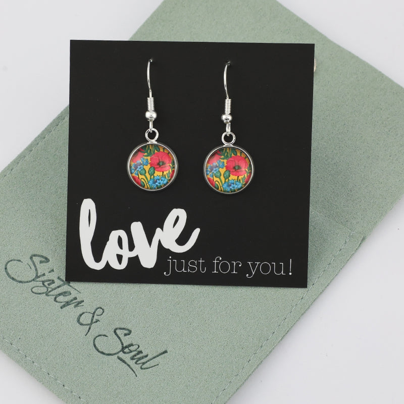 Floral earrings on a 'love just for you!' card with 'Sister & Soul' branding.