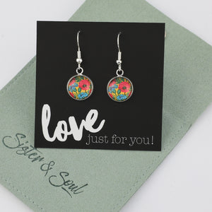 Floral earrings on a 'love just for you!' card with 'Sister & Soul' branding.