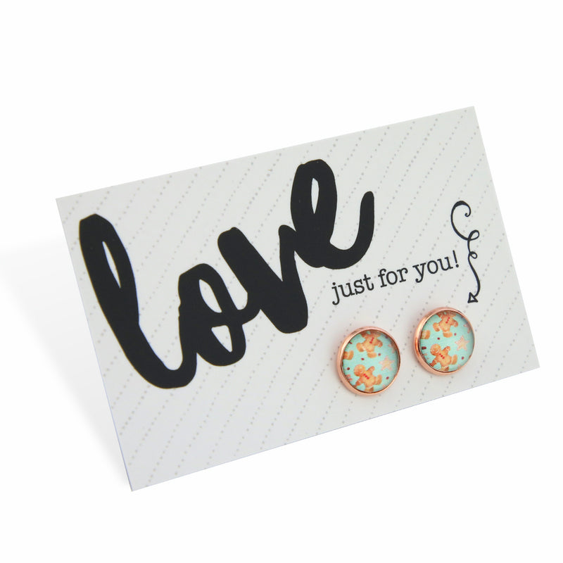 CHRISTMAS - Gingerbread Aqua - Rose Gold 12mm Circle Studs - Love Just For You (11334)
