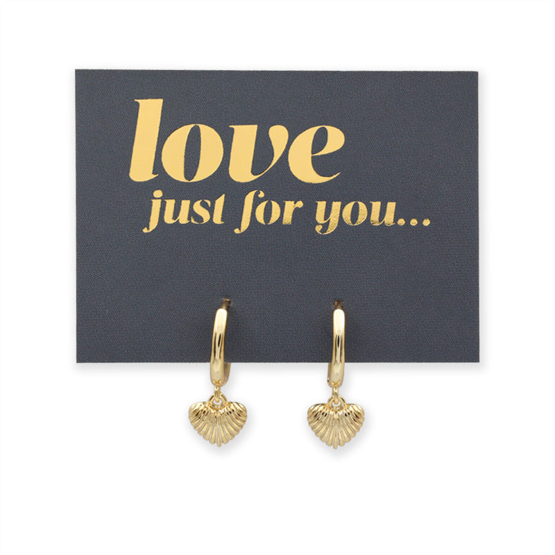 Gold shell-shaped earrings on a card with 'love just for you' text.