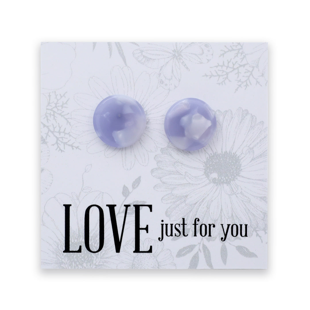 A pair of round lavender stud earrings displayed on a white floral backing card that reads 'LOVE just for you'.
