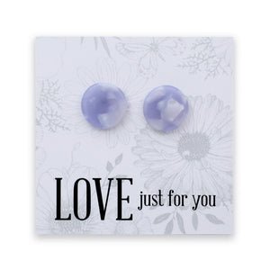 A pair of round lavender stud earrings displayed on a white floral backing card that reads 'LOVE just for you'.