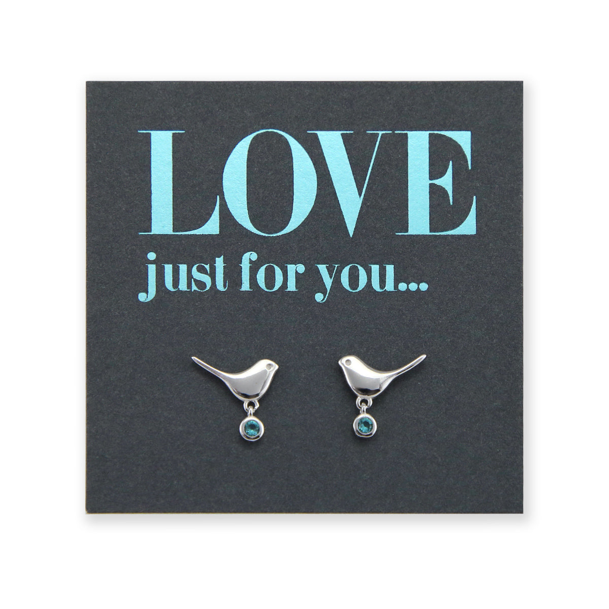 LOVE Just For You - Bird Drop Studs - Sterling Silver with Aqua CZ (9712-F)