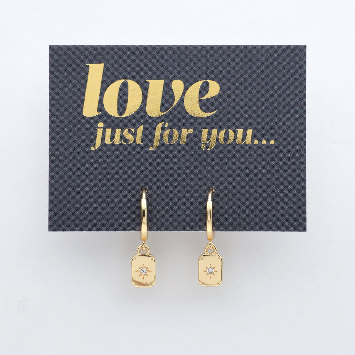 HUGGIES - Love Just For You - Sterling Silver Gold Hoops with North Star Rectangle Shaped Charm (11341)