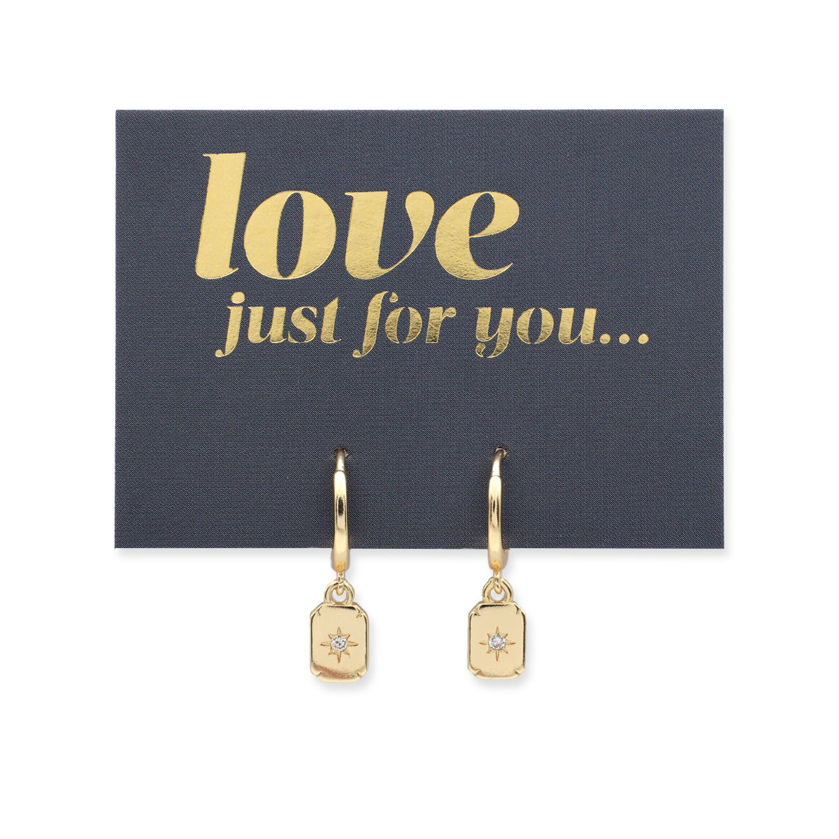 HUGGIES - Love Just For You - Sterling Silver Gold Hoops with North Star Rectangle Shaped Charm (11341)