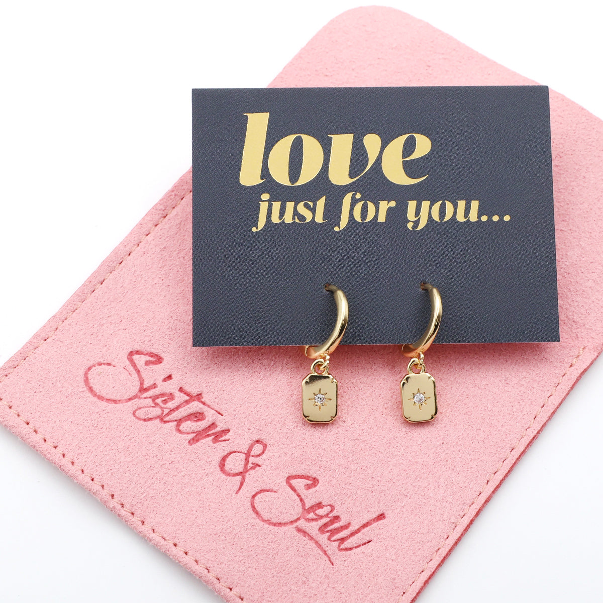 HUGGIES - Love Just For You - Sterling Silver Gold Hoops with North Star Rectangle Shaped Charm (11341)