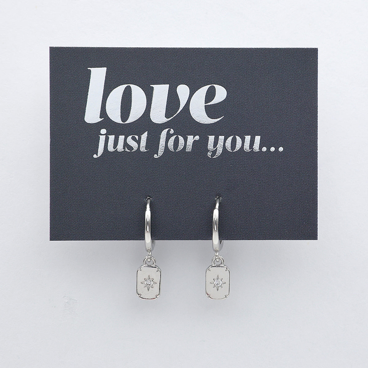 HUGGIES - Love Just For You - Sterling Silver Hoops with North Star Rectangle Shaped Charm (11361)