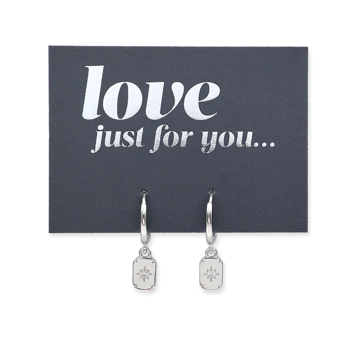 HUGGIES - Love Just For You - Sterling Silver Hoops with North Star Rectangle Shaped Charm (11361)