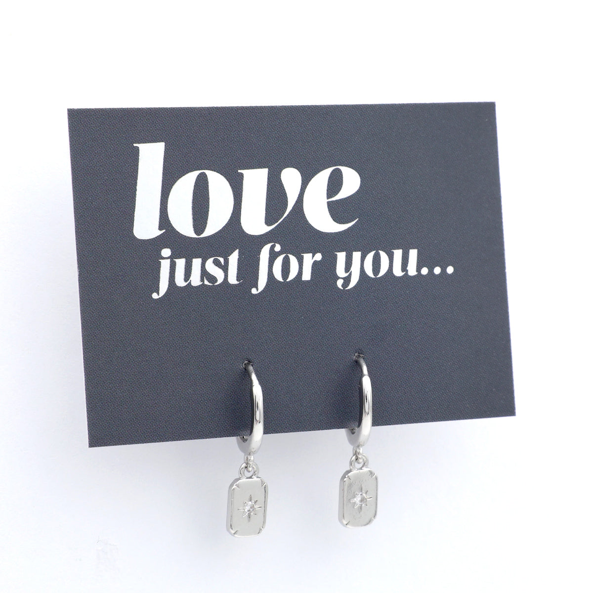 HUGGIES - Love Just For You - Sterling Silver Hoops with North Star Rectangle Shaped Charm (11361)
