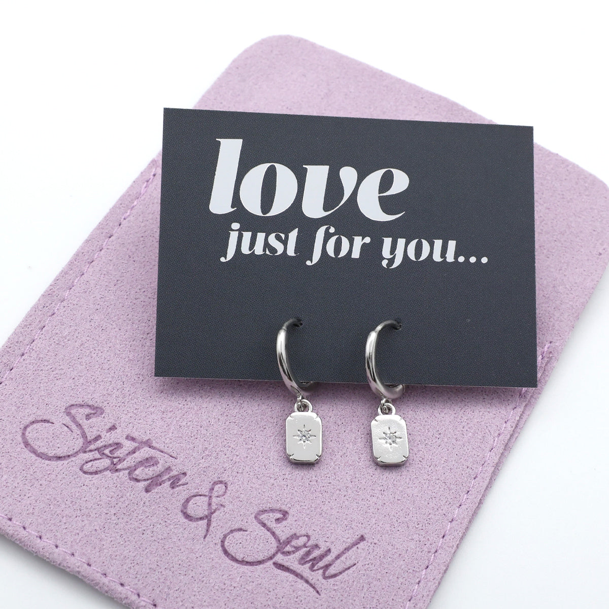 HUGGIES - Love Just For You - Sterling Silver Hoops with North Star Rectangle Shaped Charm (11361)