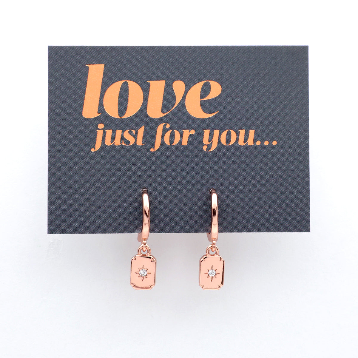 HUGGIES - Love Just For You - Sterling Silver Rose Gold Hoops with North Star Rectangle Shaped Charm (11423)
