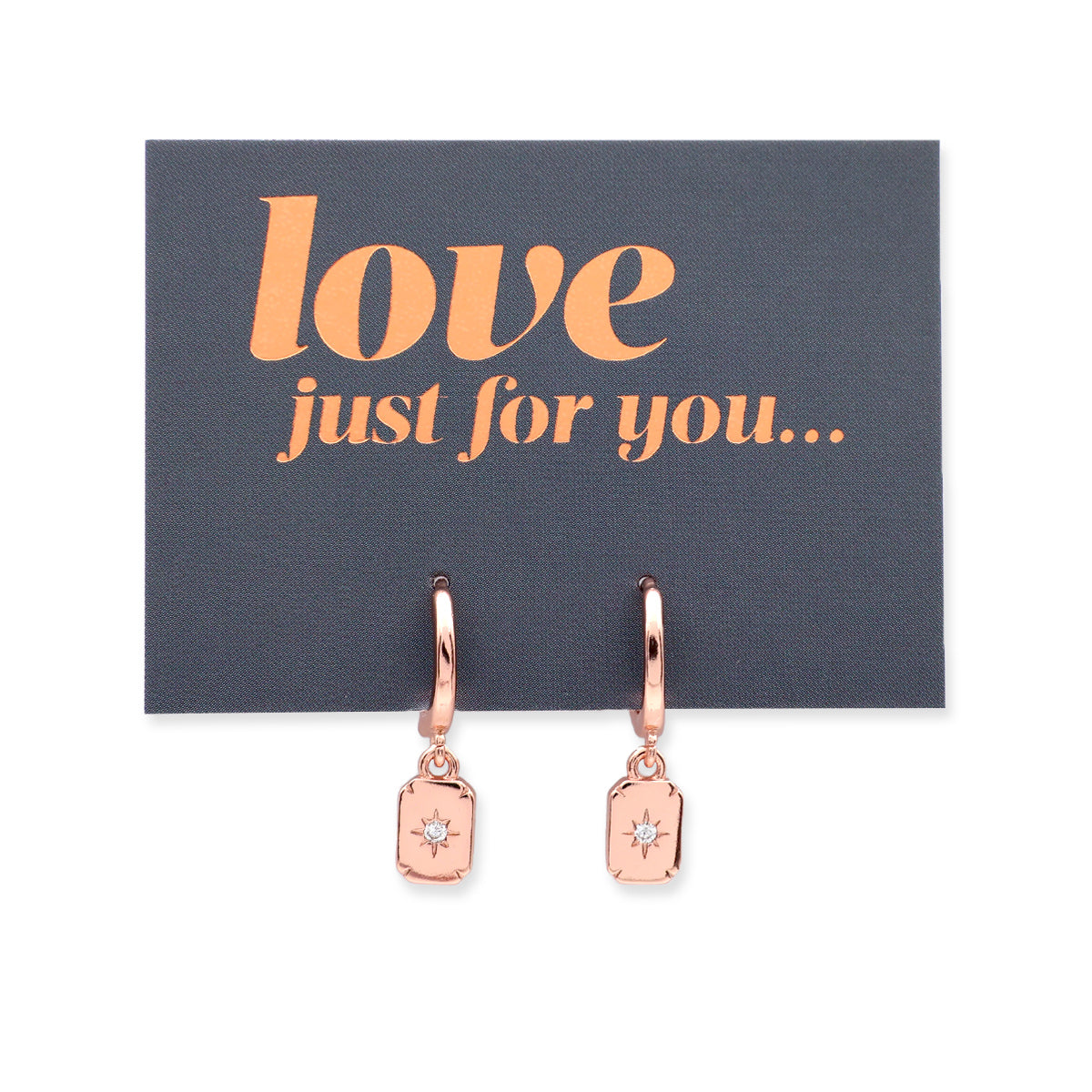 HUGGIES - Love Just For You - Sterling Silver Rose Gold Hoops with North Star Rectangle Shaped Charm (11423)