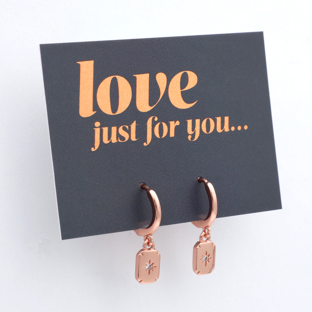 HUGGIES - Love Just For You - Sterling Silver Rose Gold Hoops with North Star Rectangle Shaped Charm (11423)