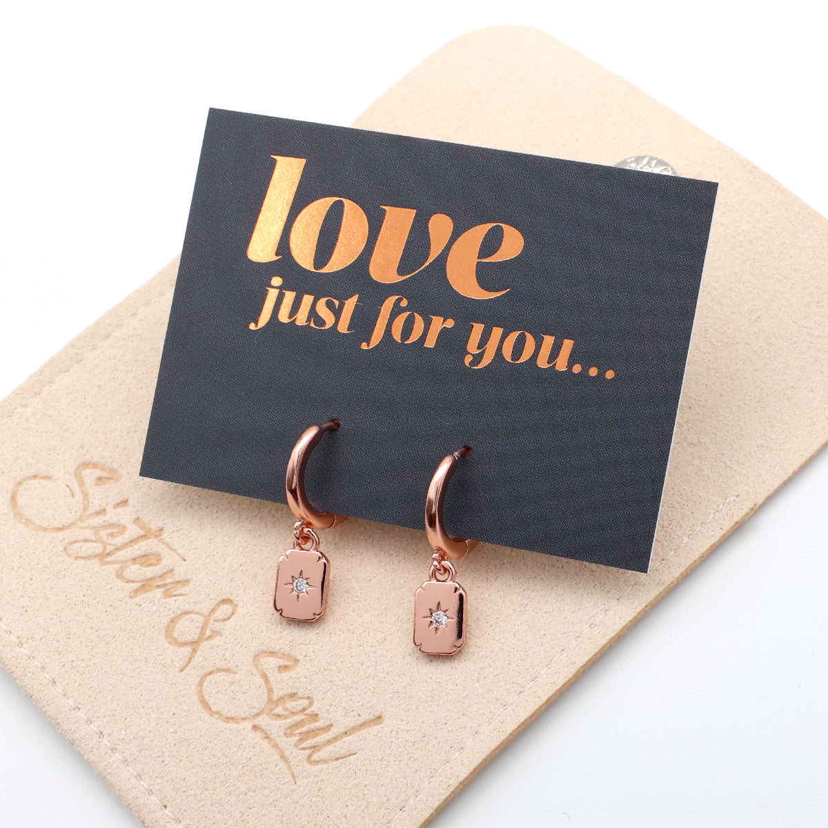 HUGGIES - Love Just For You - Sterling Silver Rose Gold Hoops with North Star Rectangle Shaped Charm (11423)
