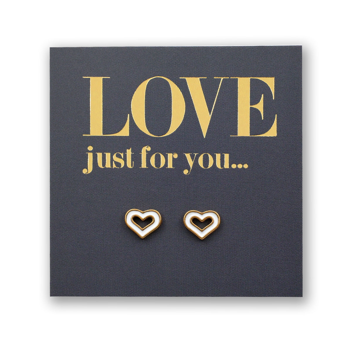 Heart-shaped earrings on a card with 'LOVE just for you...' text