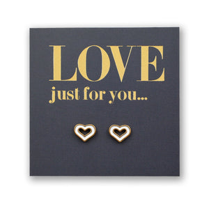 Heart-shaped earrings on a card with 'LOVE just for you...' text