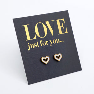 Heart-shaped earrings on a card with 'LOVE just for you...' text