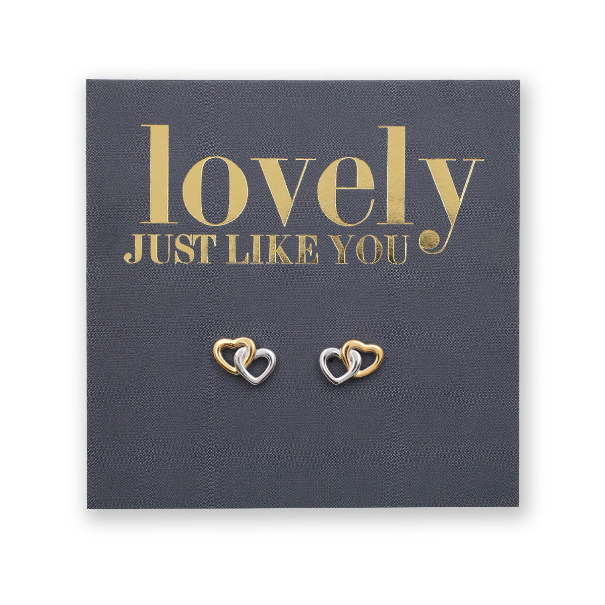 Heart-shaped earrings on a card with 'lovely JUST LIKE YOU' text