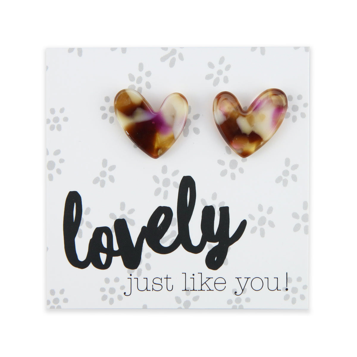 Heart-shaped earrings on a card with 'lovely just like you!' text