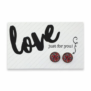 Earring card with 'love just for you!' text and two colorful earrings on a white background