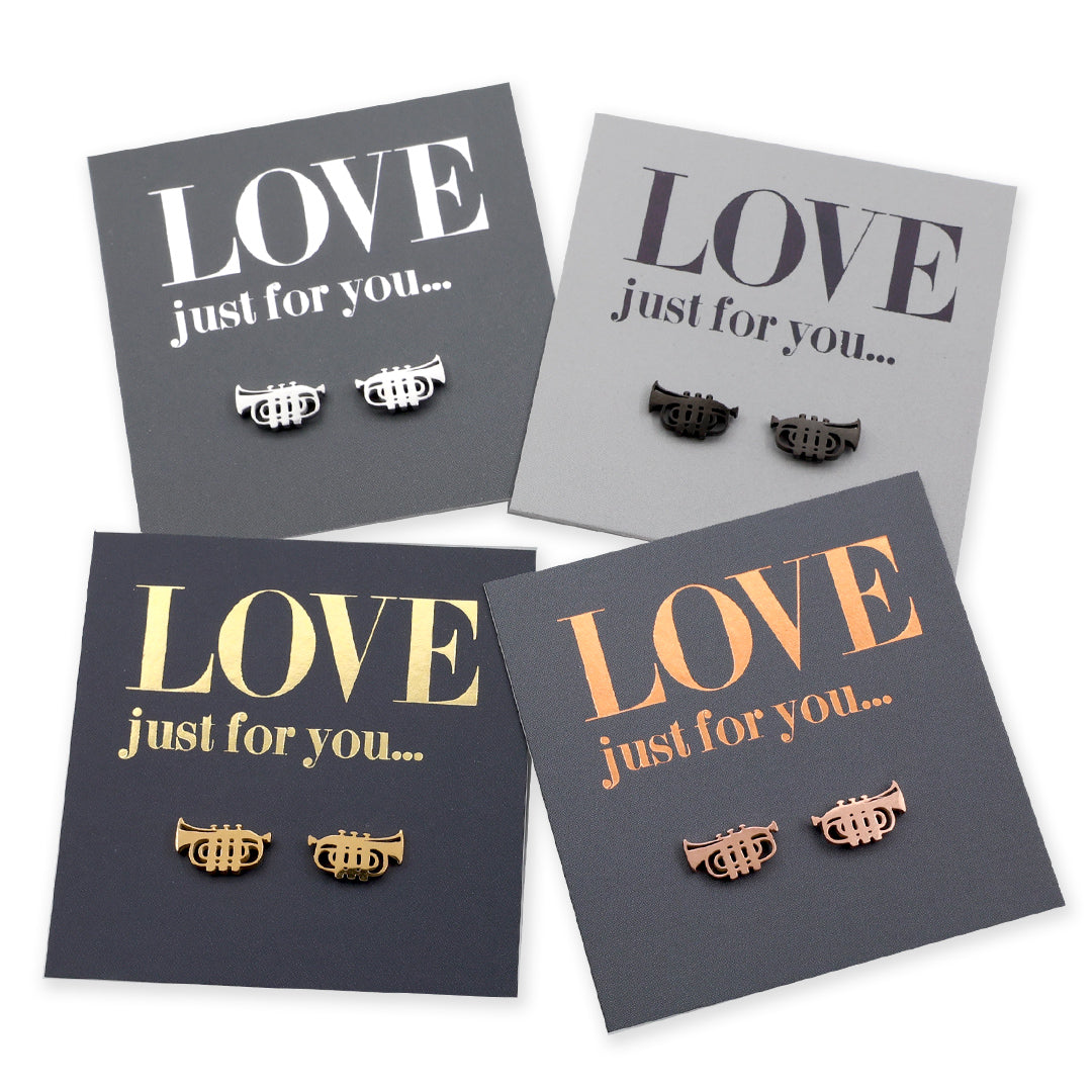 Four pairs of trumpet earrings on gray cards with 'LOVE just for you...' text.